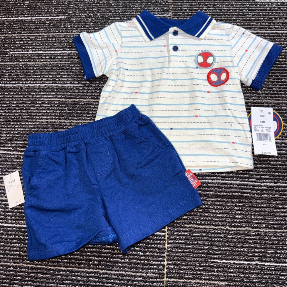 Marvel Spidey and His Amazing Friends Polo Shorts Set Kids 12M New Striped Blue
